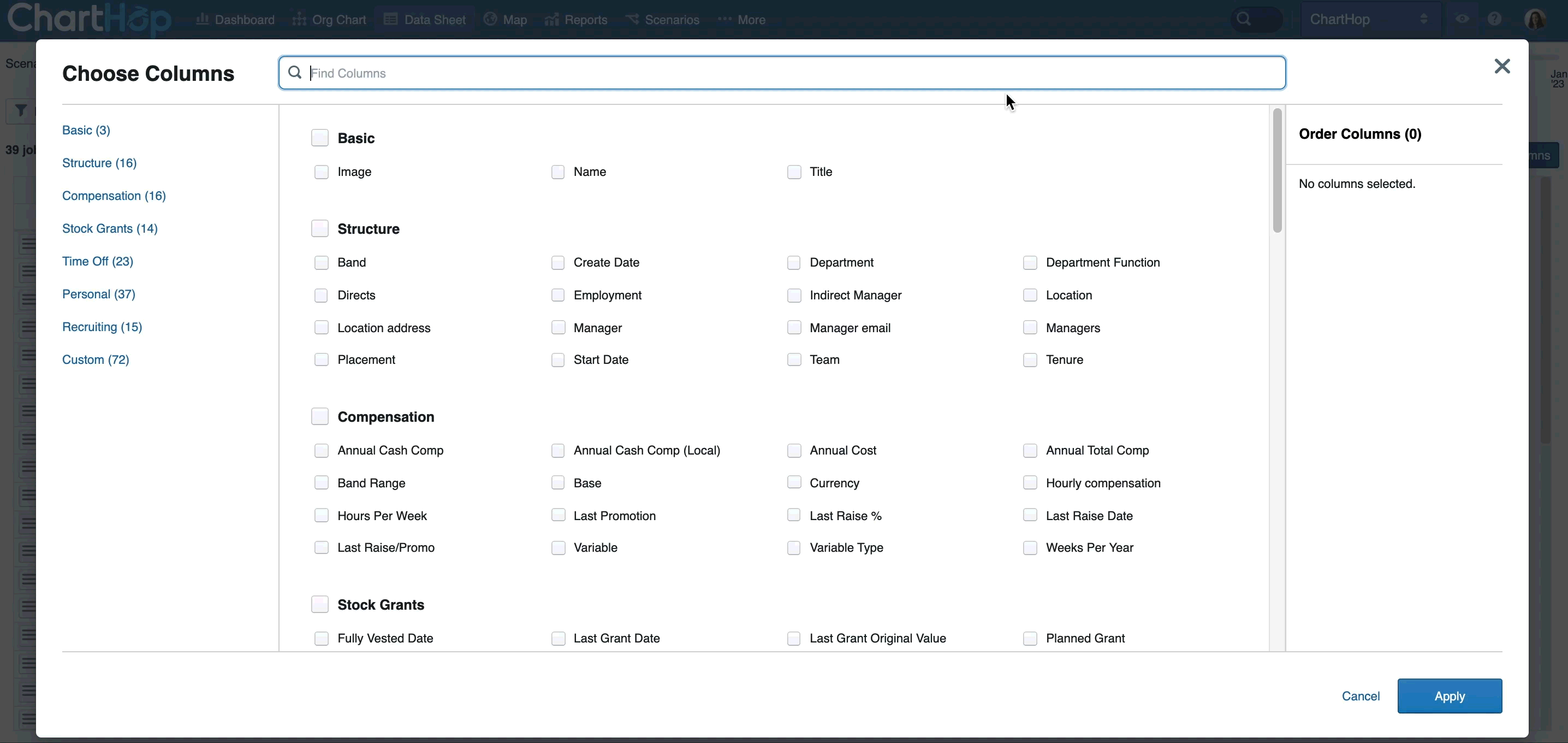 column chooser search 